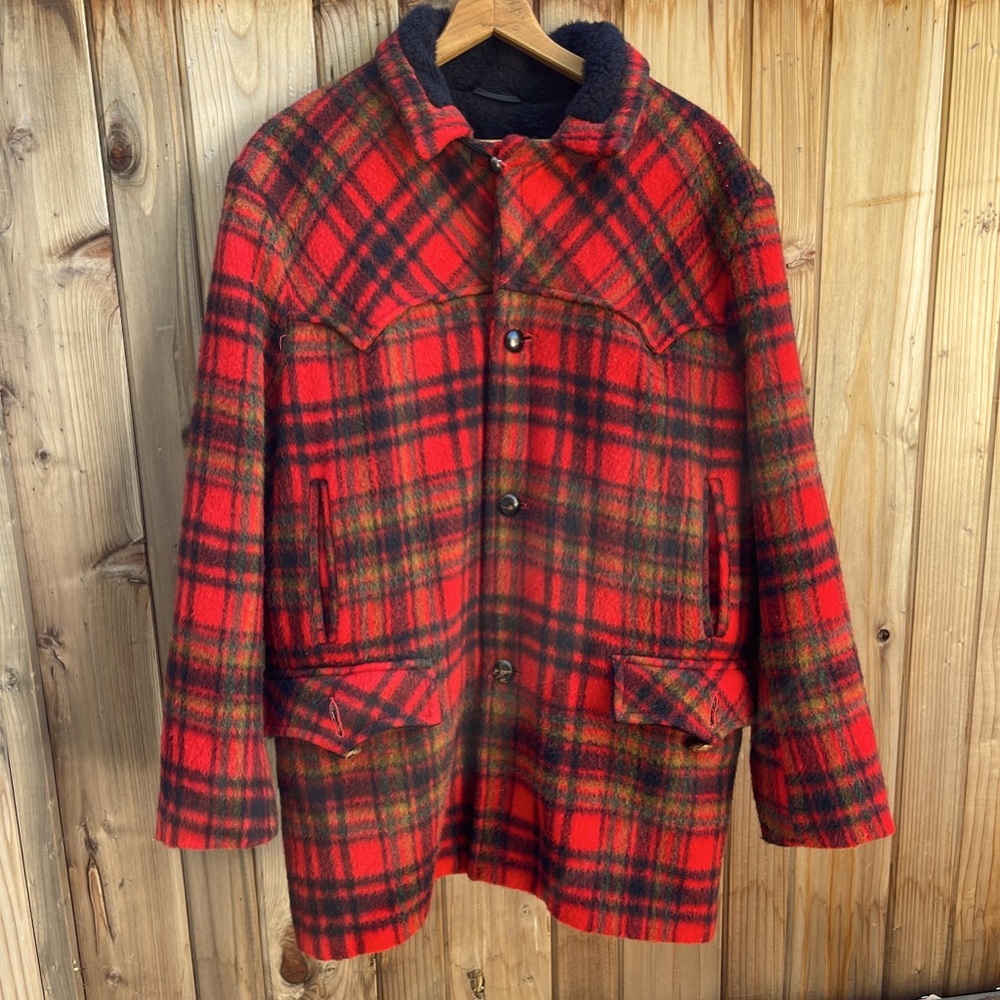 Vintage Western Ranch Chore Jacket by Pioneer Wear Red Plaid 100% Wool Size 42